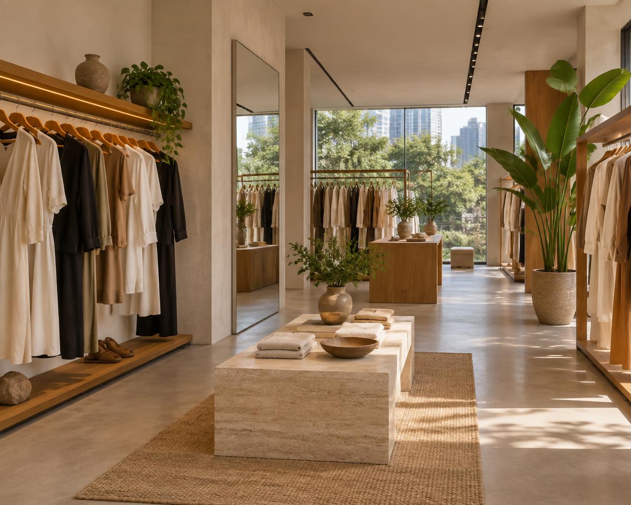 Interior de boutique com roupas e tecidos