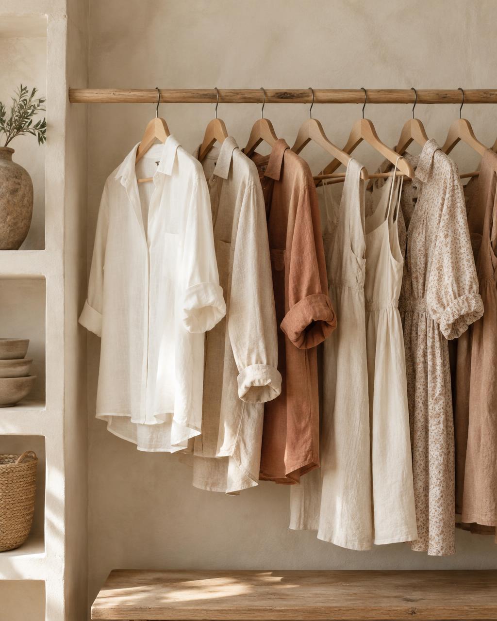 Roupas em tons neutros em cabides